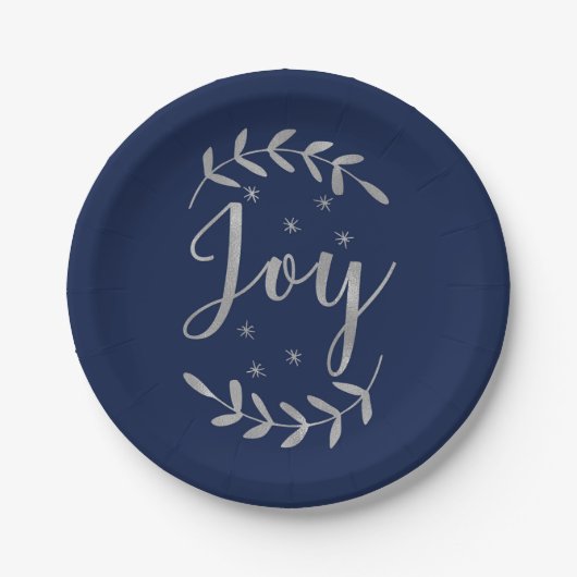 JOY Silver Blue Botanical Leaf Modern Holiday Papieren Bordje (Voorkant)