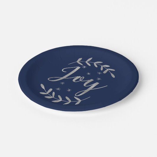 JOY Silver Blue Botanical Leaf Modern Holiday Papieren Bordje (Gekanteld)