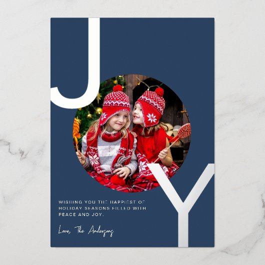 Joy Silver-folie Blauw elegant minimalistisch kers Folie Feestdagenkaart (Voorkant)