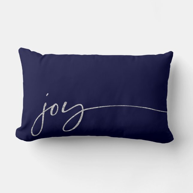 Joy Silver Navy Elegant Script Calligraphy Kussen (Voorkant)