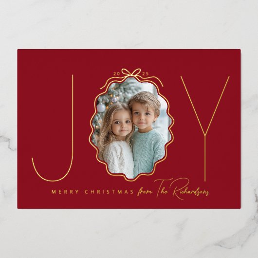 Joy Simple Bow Red Wavy Foto Folie Feestdagenkaart (Voorkant)