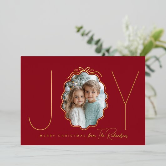 Joy Simple Bow Red Wavy Foto Folie Feestdagenkaart (Staand Voorkant)