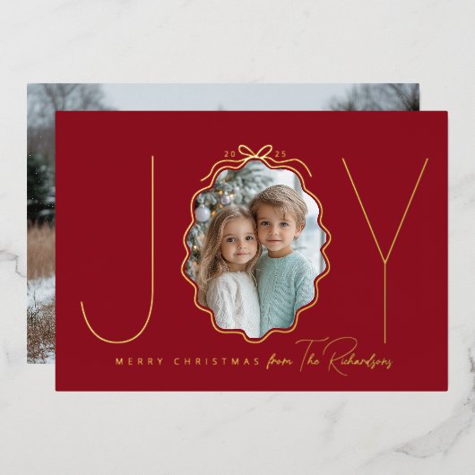 Joy Simple Bow Red Wavy Foto Folie Feestdagenkaart (Voorkant / Achterkant)