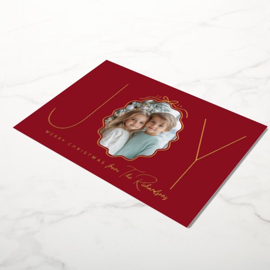 Joy Simple Bow Red Wavy Foto Folie Feestdagenkaart (Gedraaid)