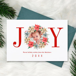 Joy Simple Farmhouse Poinsettia Wreath and Photo Feestdagenkaart