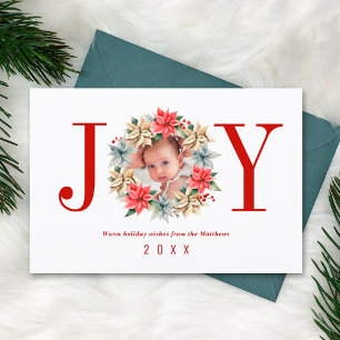 Joy Simple Farmhouse Poinsettia Wreath and Photo Feestdagenkaart