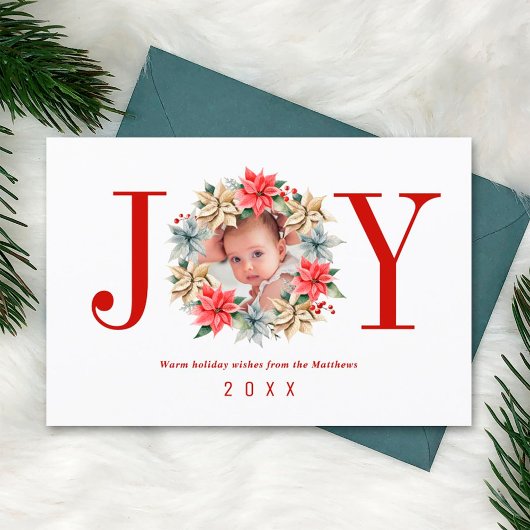 Joy Simple Farmhouse Poinsettia Wreath and Photo Feestdagenkaart