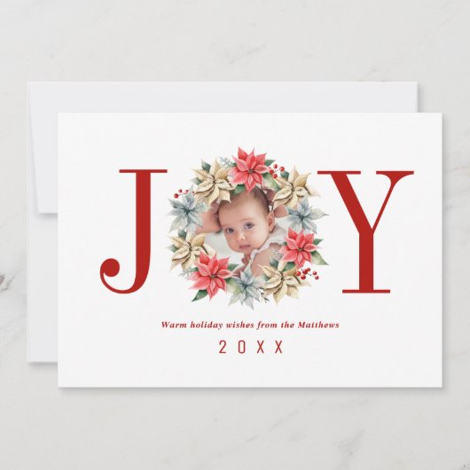 Joy Simple Farmhouse Poinsettia Wreath and Photo Feestdagenkaart (Voorkant)