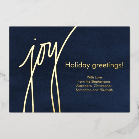 Joy Simple Modern Gold Script Holiday Card Folie Feestdagenkaart (Voorkant)