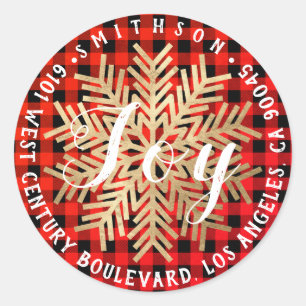 Joy Snow Christmas Return RSVP Buffalo Plaid Warm Ronde Sticker