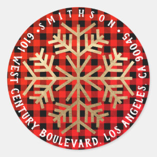 Joy Snow Christmas Return RSVP Buffalo Red Gold Ronde Sticker