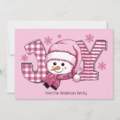 Joy Snowman Roze Wit Kerstmis Feestdagenkaart (Voorkant)