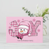 Joy Snowman Roze Wit Kerstmis Feestdagenkaart (Staand voorkant)