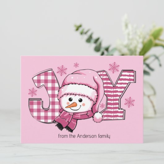 Joy Snowman Roze Wit Kerstmis Feestdagenkaart (Staand voorkant)