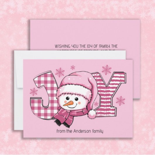 Joy Snowman Roze Wit Kerstmis Feestdagenkaart