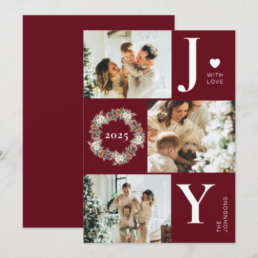 Joy Stijlvolle Moderne Fotocollage | Rode kerst Feestdagenkaart (Voorkant / Achterkant)