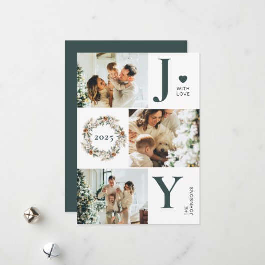 Joy Stylish 3 Foto Collage | Donkergroen Kerstmis Feestdagenkaart (Voorkant / Achterkant in situ)