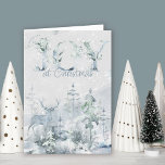 Joy tijdens de kerstWaterverf Winter Woodland Feestdagen Kaart<br><div class="desc">Joy bij Kerstmis,  een gepersonaliseerde waterverf-vakantiekaart met sneeuwwinterbos en vlekken in zachte tinten blauw en groen. Er staat: "Ik wens u veel plezier met Kerstmis" en u kunt de begroeting aan de binnenkant personaliseren. Subtiel en elegant ontwerp van de waterverf met decoratieve typografie.</div>