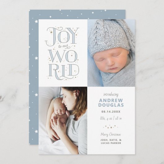 Joy to Our World Hand Lettered Birth Notice Feestdagenkaart (Voorkant / Achterkant)