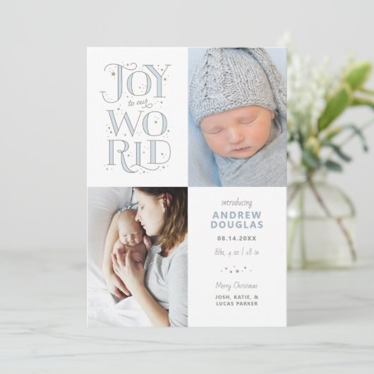 Joy to Our World Hand Lettered Birth Notice Feestdagenkaart (Staand voorkant)