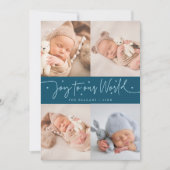 Joy To Our World Teal Multi Photo Birth Aankondiging (Voorkant)