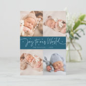 Joy To Our World Teal Multi Photo Birth Aankondiging (Staand voorkant)