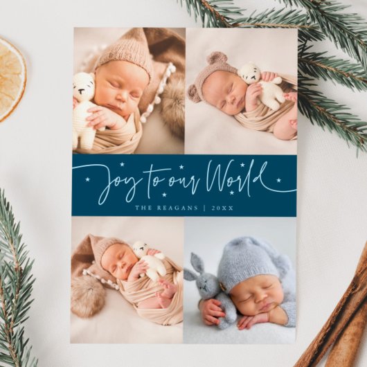 Joy To Our World Teal Multi Photo Birth Aankondiging