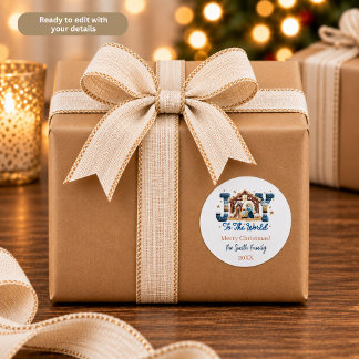 Joy to the World Blue Nativity Scene Personalized Ronde Sticker