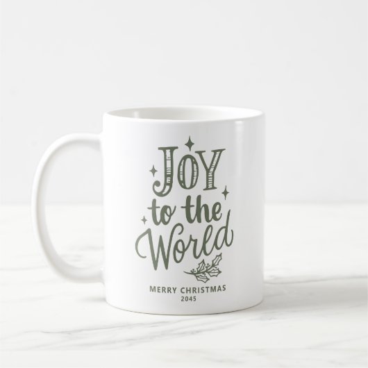 Joy to the World Christmas Lettering Taupe Green Koffiemok (Links)