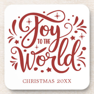 Joy to the World Elegant Red Script Christelijk Bier Onderzetter