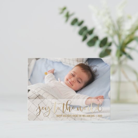 JOY TO THE WORLD GOLD SCRIPT | VAKANTIEFOTO FEESTDAGENKAART (Staand voorkant)