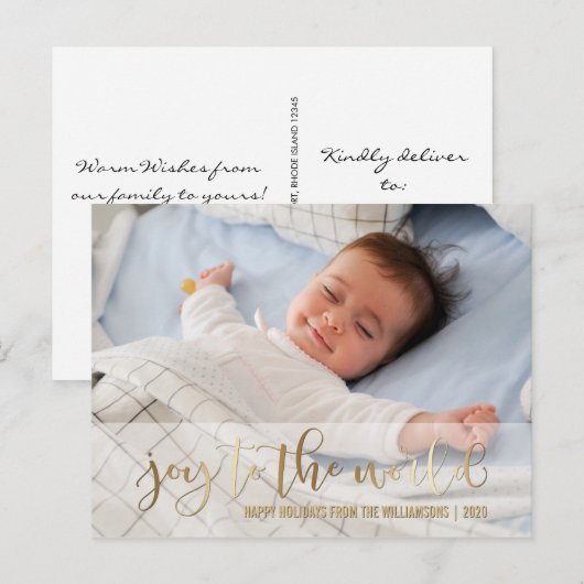 JOY TO THE WORLD GOLD SCRIPT | VAKANTIEFOTO FEESTDAGENKAART (Voorkant / Achterkant)
