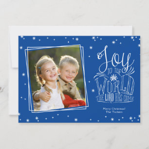 Joy to the World handgeschreven blauwe kerstfoto Feestdagenkaart
