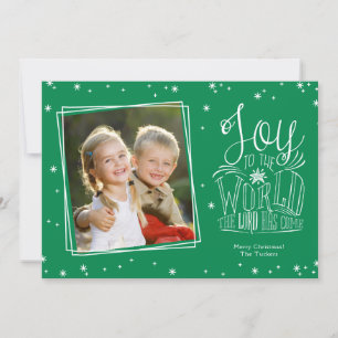 Joy to the World Handgeschreven Groene Kerstfoto Feestdagenkaart