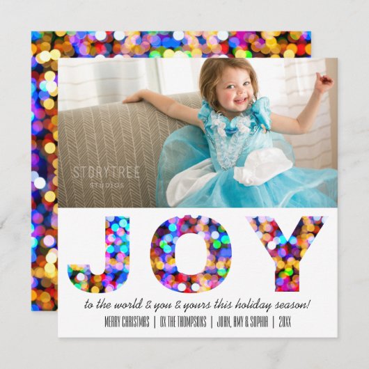 Joy to the World Kleurrijke Sparkly Vakantiefoto Feestdagenkaart (Voorkant / Achterkant)