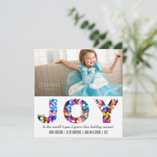 Joy to the World Kleurrijke Sparkly Vakantiefoto Feestdagenkaart (Staand voorkant)