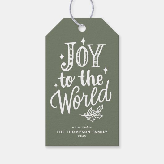 Joy to the World Lettering Taupe Green Christmas Cadeaulabel (Voorkant)