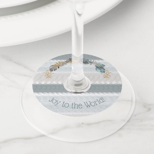 Joy to the World Modern Blue Foliage Kerstmis Wijnglaslabel (Dichtbij)