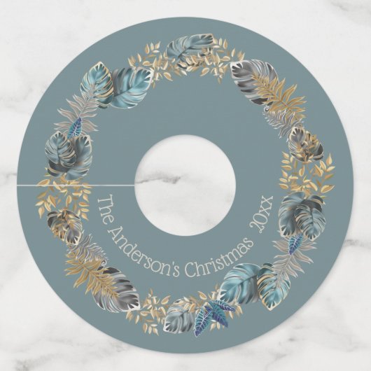 Joy to the World Modern Blue Foliage Kerstmis Wijnglaslabel (Achterkant)