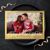 Joy to the World, Modern Script Gouden folie Foto Feestdagenkaart