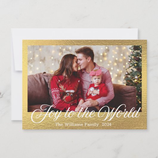 Joy to the World, Modern Script Gouden folie Foto Feestdagenkaart (Voorkant)