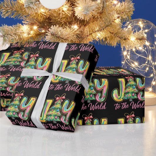 Joy to the World Neon Kerstboom penseelstreek Cadeaupapier (Feestdagen)