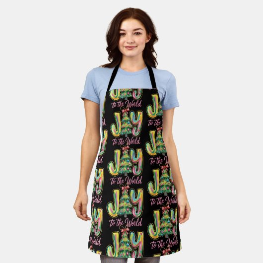 Joy to the World Neon Kerstboom penseelstreek Schort (Gedragen)