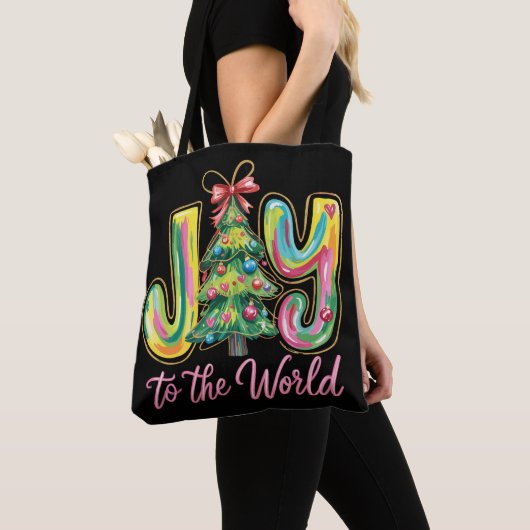 Joy to the World Neon Kerstboom penseelstreek Tote Bag (Dichtbij)