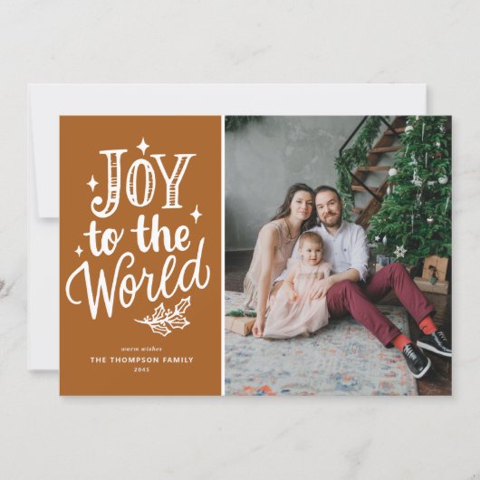 Joy to the World Quote Rustic Burnt Orange Photo Feestdagenkaart (Voorkant)