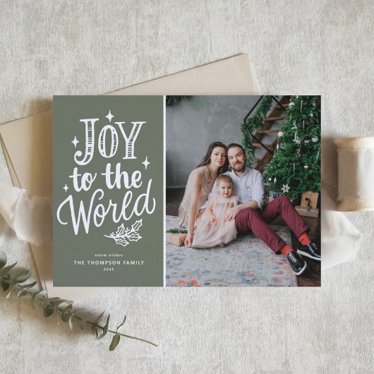 Joy to the World Quote Rustic Taupe Green Photo Feestdagenkaart