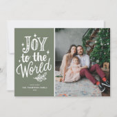 Joy to the World Quote Rustic Taupe Green Photo Feestdagenkaart (Voorkant)