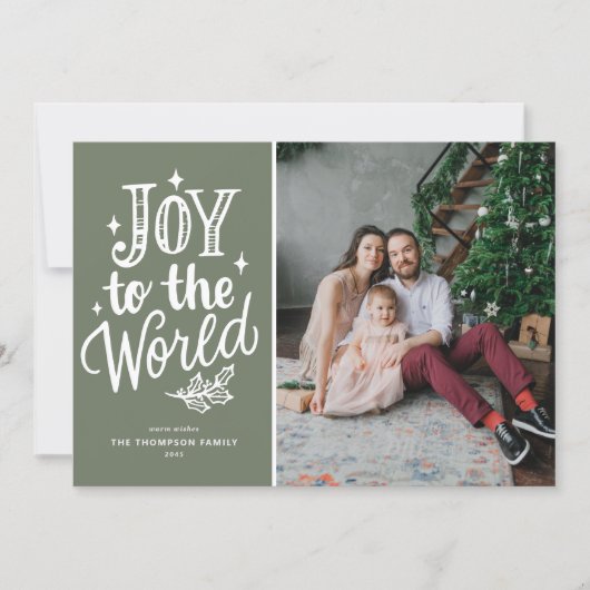 Joy to the World Quote Rustic Taupe Green Photo Feestdagenkaart (Voorkant)