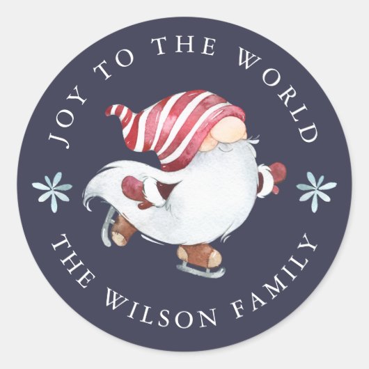 Joy to the World Skating Nisse Gnome Ronde Sticker (Voorkant)