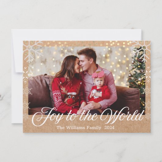 Joy to the World, Snowflakes sprankelt Kraft-foto Feestdagenkaart (Voorkant)